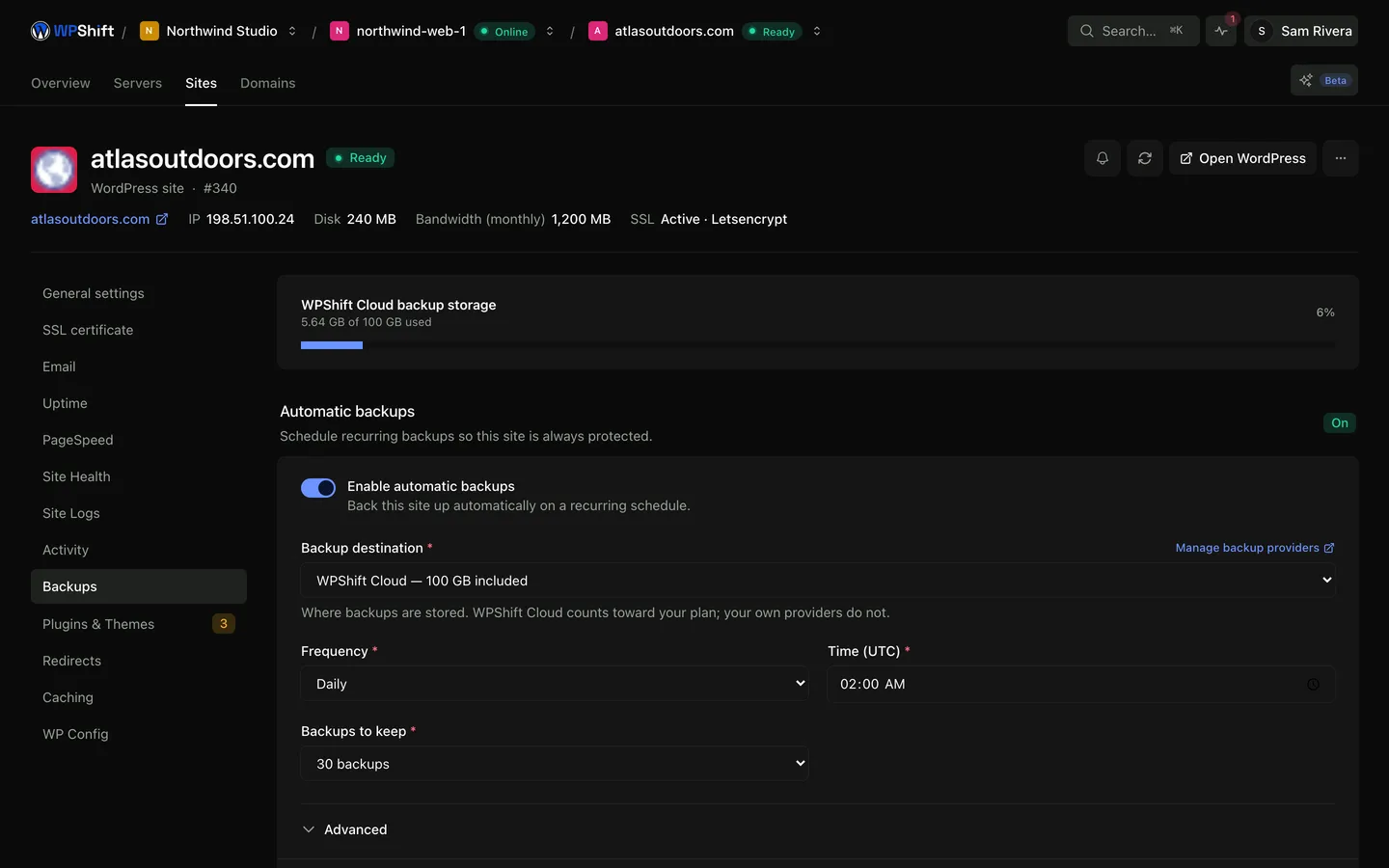 Backup schedule, retention and storage use for a site.