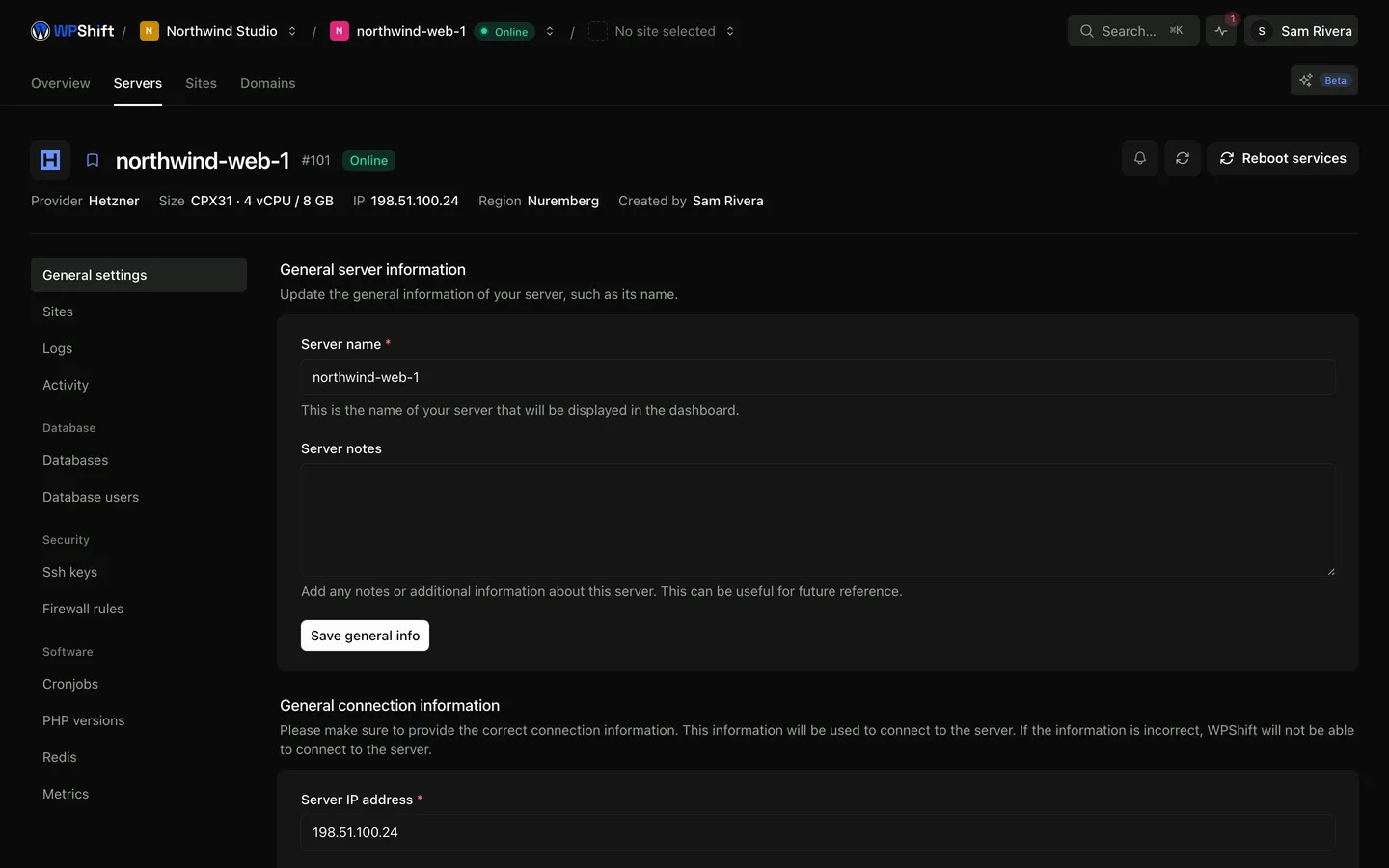 A server's provider, region, size and settings.