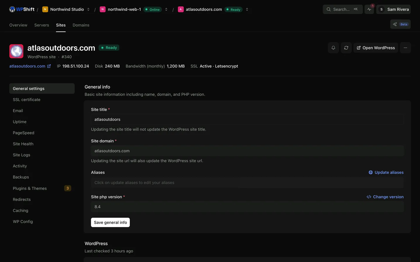 A site's hosting settings and controls.