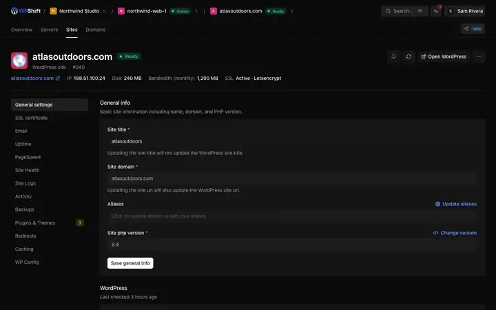 A site's settings page in the WPShift dashboard.